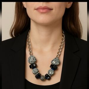 Necklace Silver Chain Blue White Mosaic Heart Stone Statement Festival Boho